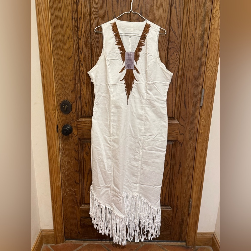 White Sleeveless Dress with Brown Fringe